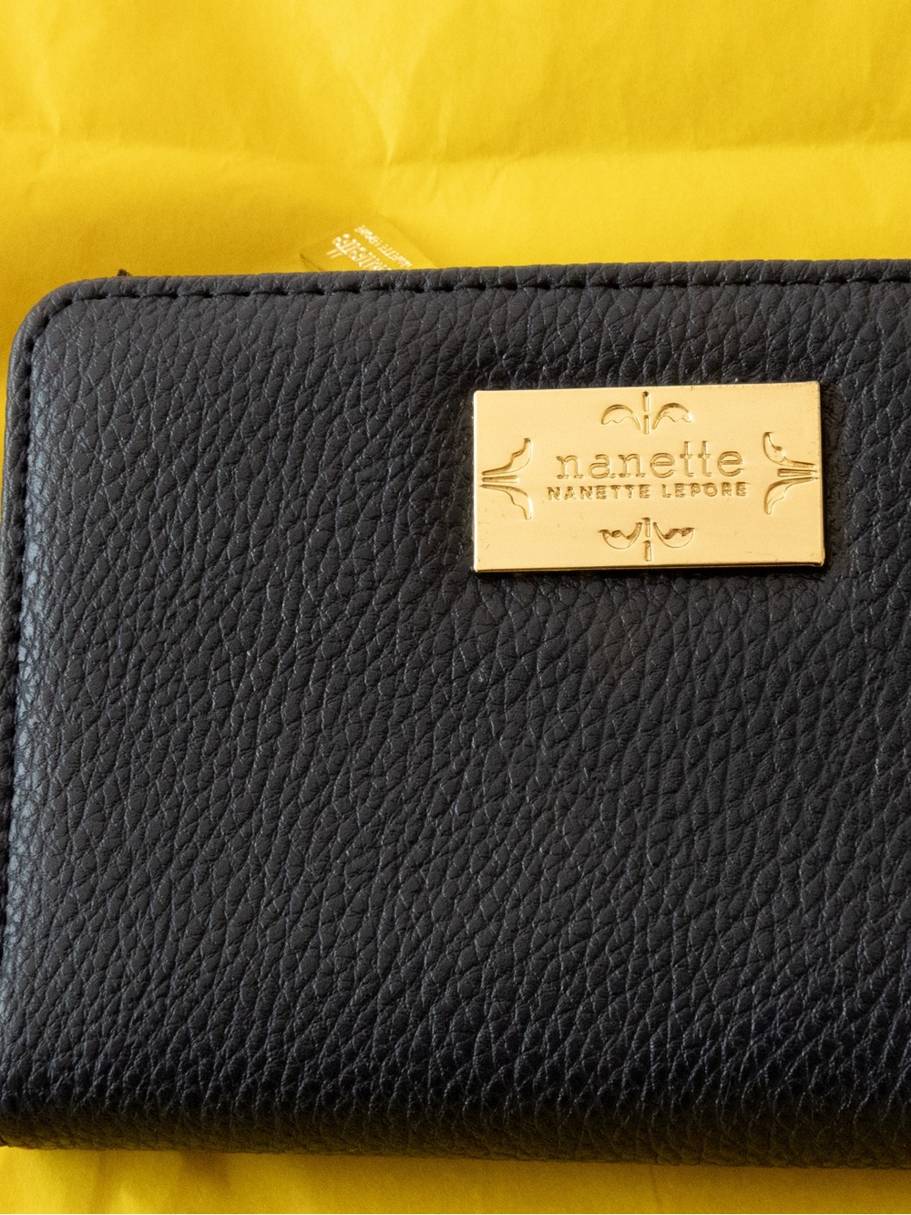 Nanette Lepore Black Pebbled Leather Wallet with Gold Plaque